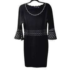 Nina Leonard Sweater Dress Womens Size Medium Black Scalloped Bell Sleeve