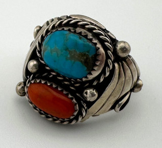 BMB Signed Native Ring Turquoise Coral Vintage Size 10.5 Sterling Silver 9.9g