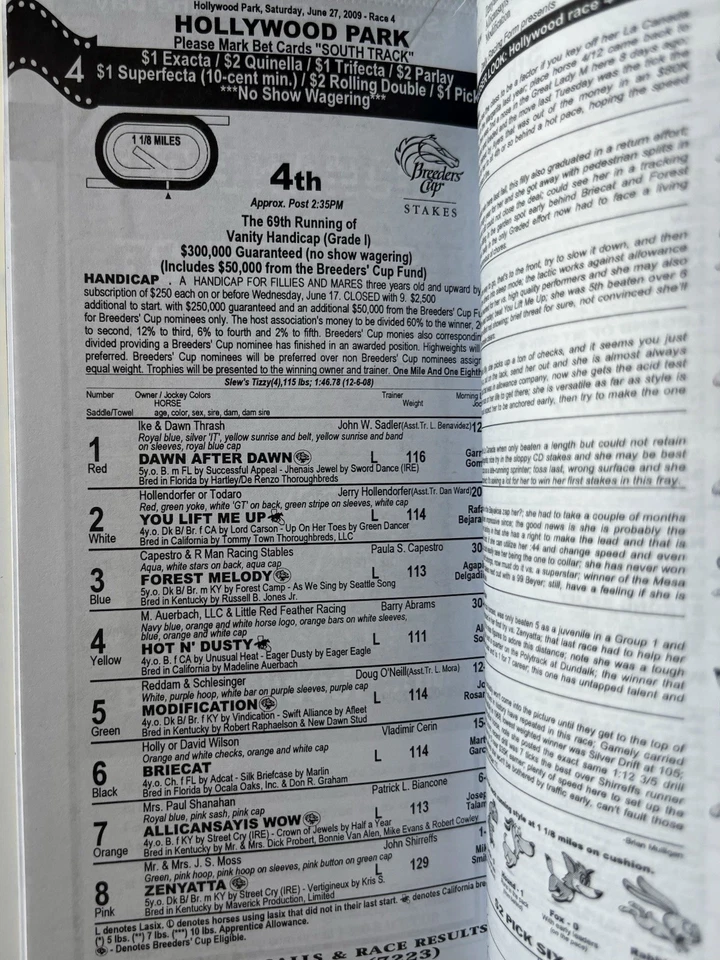 PROGRAMA ZENYATTA WIN #11 + BOLETO DE RESULTADOS Vanity Handicap @ Hollywood Park 2009 Foto 3 de 4