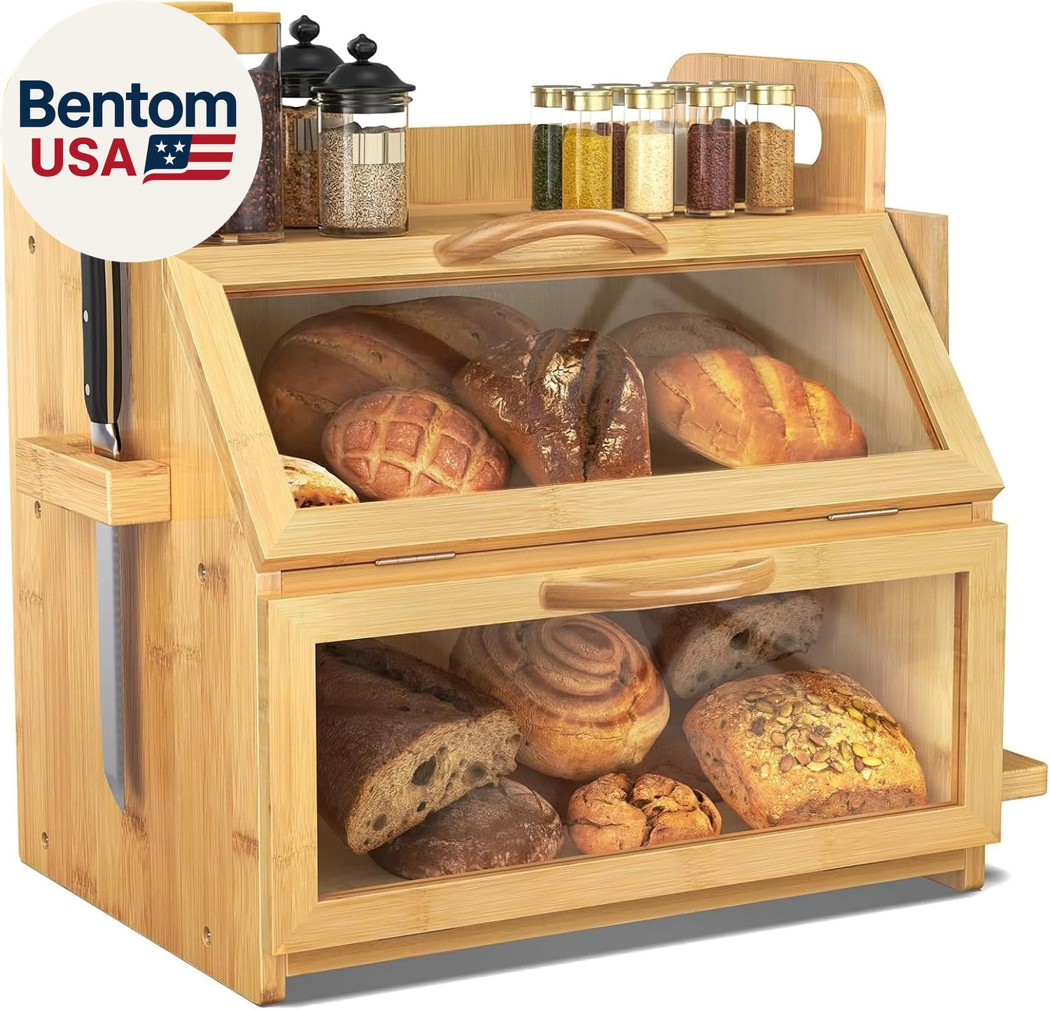 Extra Large Bread Box, Double Layer Bread Box for Homemade Bread, Bamboo Wooden
