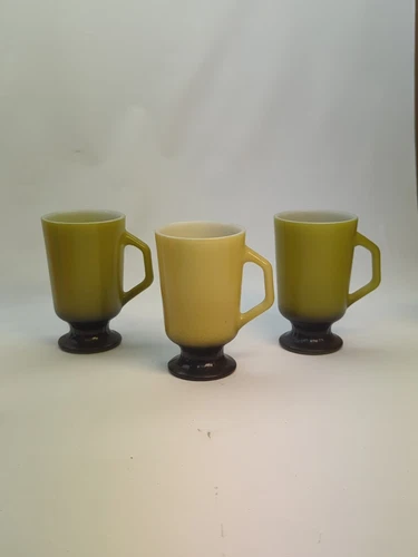Set Of 3 Vtg Fire King  Footed Pedestal Mugs Custard, Olive Green