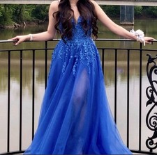 Blue Formal Prom Dress with Floral Appliqu  and Sheer Skirt for Girls