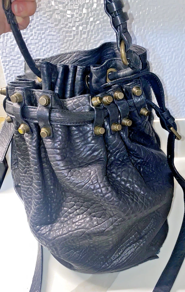 ALEXANDER WANG Diego Black Pebbled Leather Bucket Bag w/ Studded Bottom - Image 4 of 4