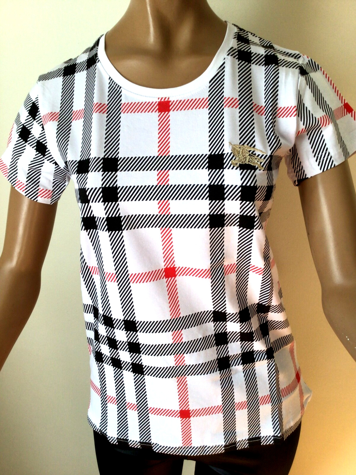 NEW BURBERRY LONDON  WHITE/BLACK/RED COTTON STRETCHED TOP SIZE XL