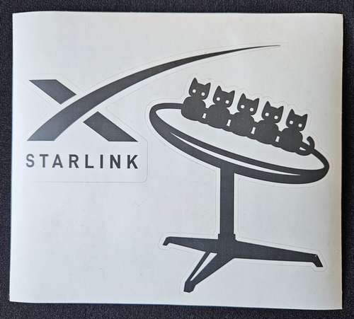 Autocollants autocollants pour logo SpaceX noir Starlink et chats sur Dishy. Feuille 6" x 5 1/4".