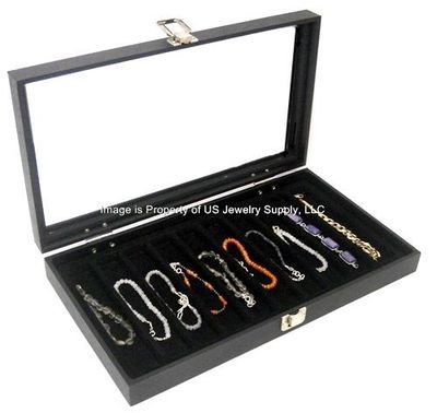 Bracelet Chain Display Jewelry Case Glass Top Lid Black 10 Slot Storage Organize