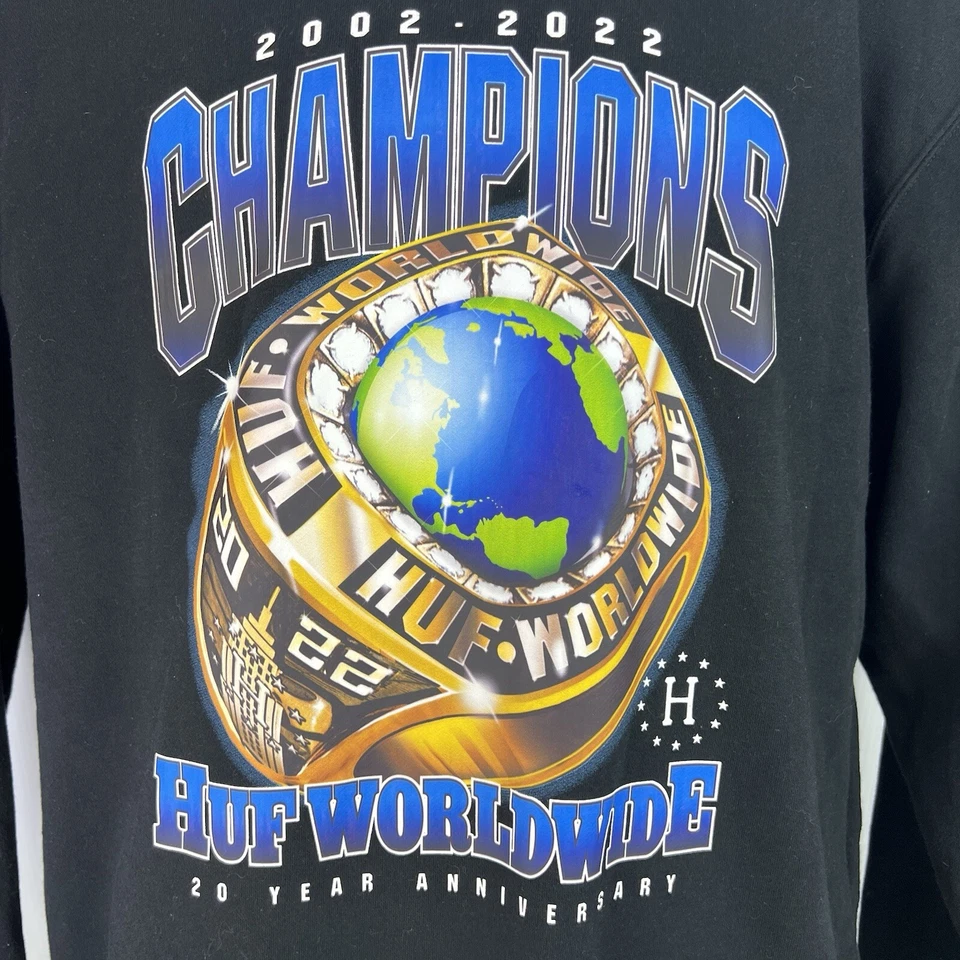 HUF Worldwide 20 Year Anniversary Crew Neck Graphic Sweater Mens XL Black/Blue - Image 2 of 4