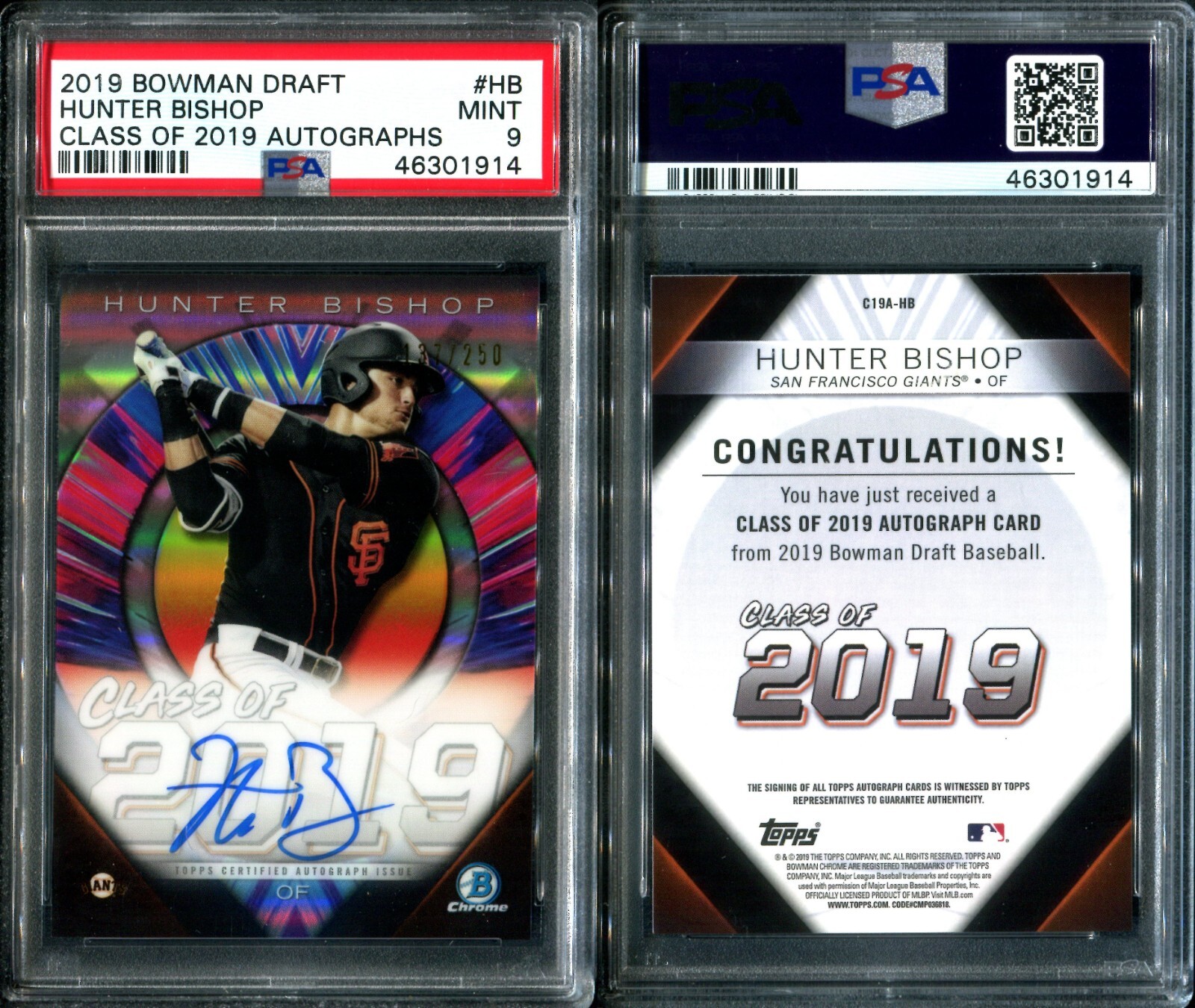 PSA 9 2019 Bowman Chrome Class of '19 Autograph Hunter Bishop /250 POP5 G00 4195
