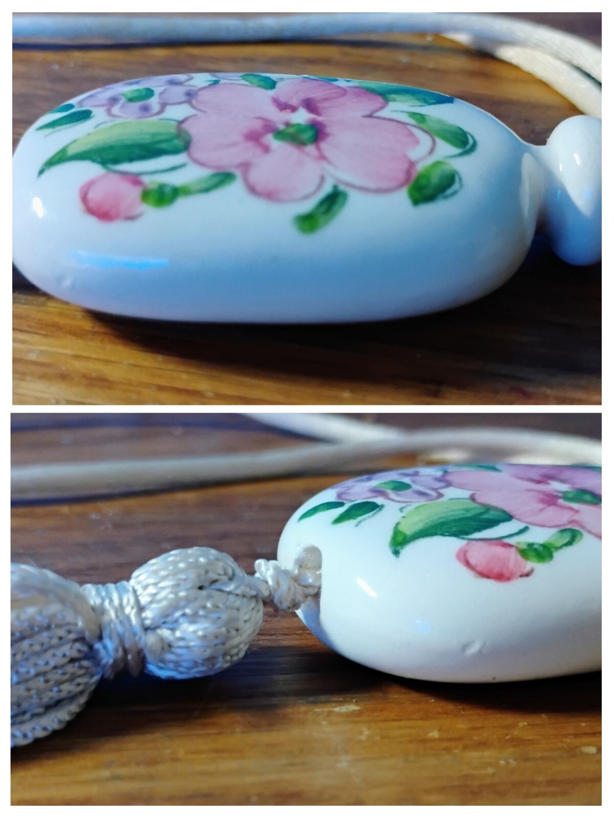 Vintage Floral Porcelain Pendant W/ Tassel Necklace White W/ Pink Flowers