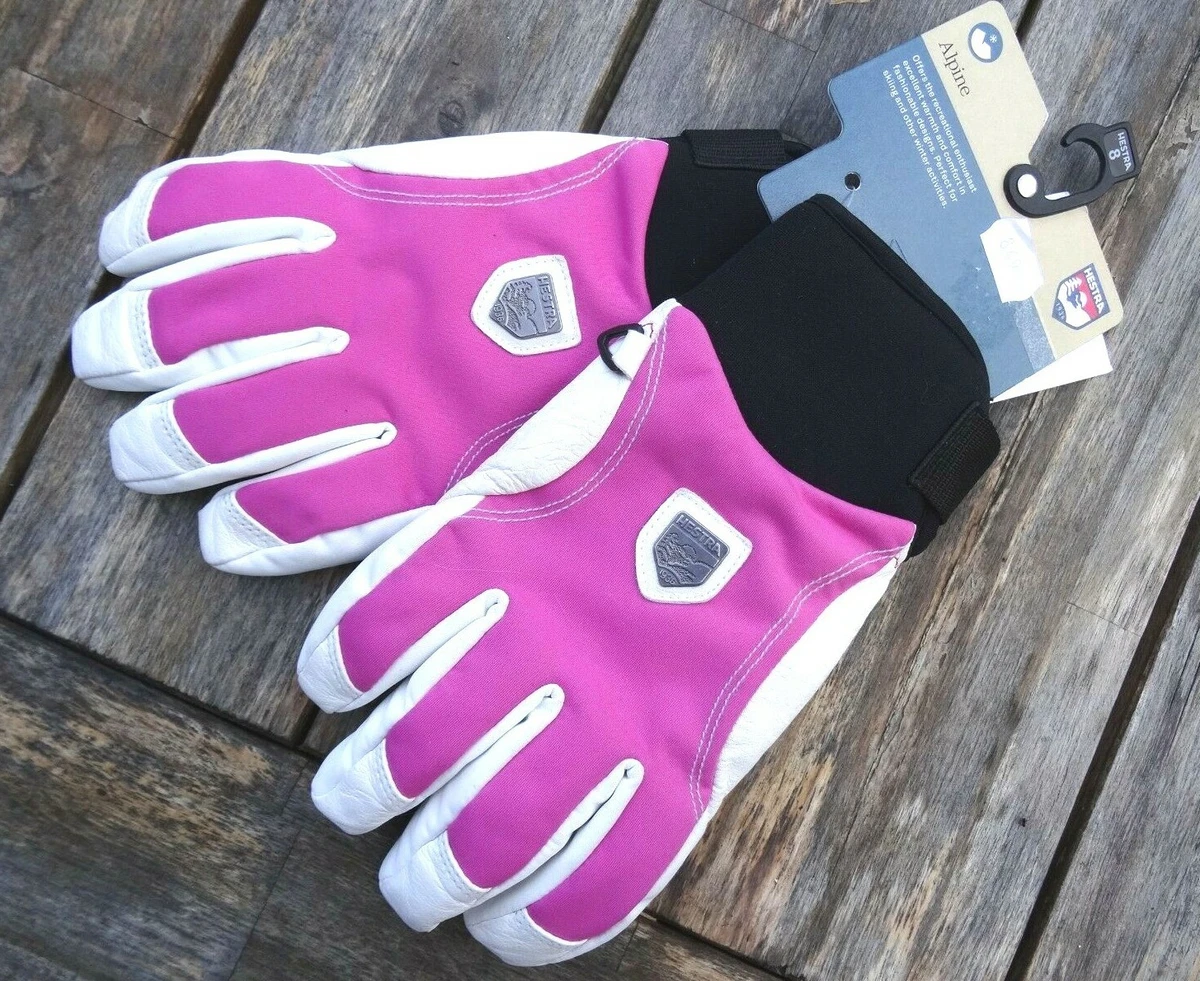 HESTRA Sweden Size 9 Large UNISEX White Pink LEATHER Alpine SKI WINTER GLOVES