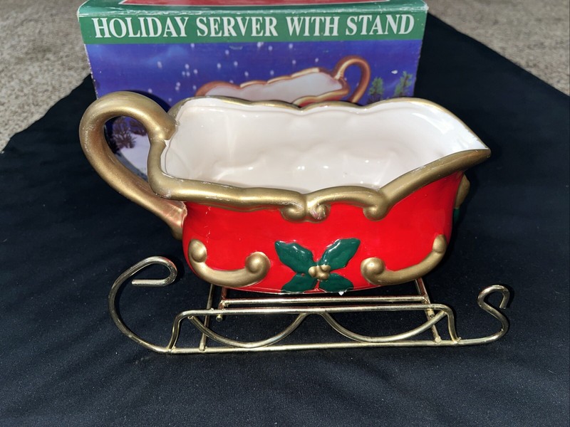 Vintage Ceramic Christmas Red Sleigh server with Gold Metal Stand holiday 