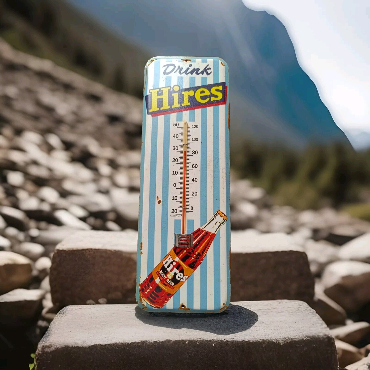 Vintage HIRES root beer Thermometer Tin merchandise advertising