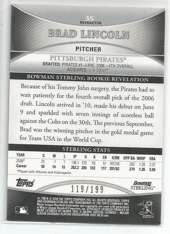 2010 Bowman Sterling Refractor Brad Lincoln Rookie Pittsburgh Pirates #'d /199 - Image 2 of 2