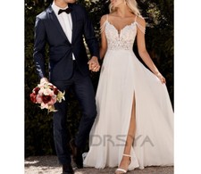 Boho Wedding Dress With Slit Sweetheart Backless Lace Applique Bridal Gown Train