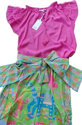 Nwt Gretchen Scott M S Pants 2pc Tie Bright Coastal  Green Pink Animal Bon $228