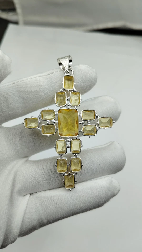 Colgante Cruz Citrino - Hecho a Mano Chapado en Plata Piedra Curativa Joyería Regalo  Foto 3 de 4