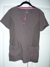 Koi Lite Dobby Series Women's Slim Fit Scrub Top sz Small Gray/ Brown Zip Neck