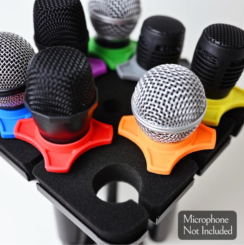 Multi Microphone Holder for Mic Stand - Holds 8 Mics 8 Anti-Roll Rings