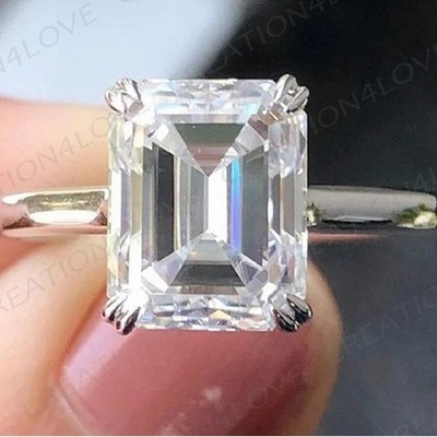 4.00CTW Emerald Cut D Moissanite Solitaire Engagement Ring 14K White Gold Plated