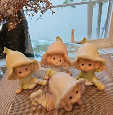 Homco 5615 4'' Ceramic Figurines Garden Pixie Elf Fairies Set/4 Flower Vtg