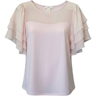 Soft Surroundings Pink Flutter Sleeve Tiered Ruffle Top Sheer Yoke Large