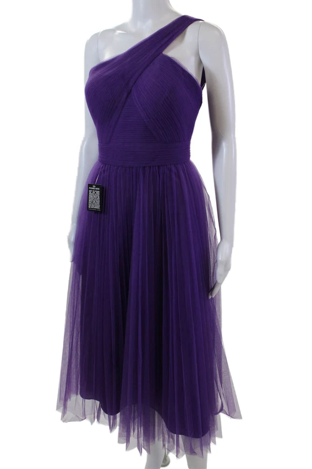 Vestido plisado asimétrico de un hombro Zac Posen para mujer púrpura brillante talla 2 Foto 2 de 4