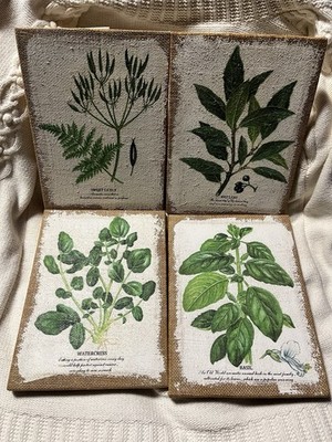 Retro Burlap Painting Set of 4 Garden Herbs Wall Art