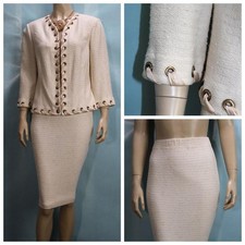 St. John Collection Beige Jacket Skirt L Sz 8 10 2pc Suit Grommets Ribbons Trim