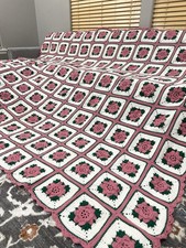 VTG Handmade Crochet 3D Rose Afghan Throw Blanket 88  X 114  Granny Square Roses