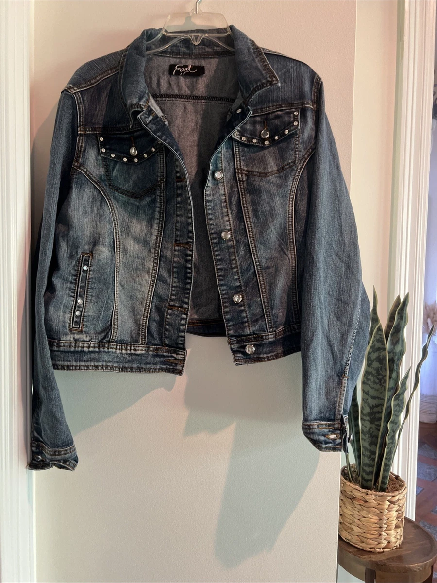 ジャケット・アウター EARL Earl Jean Jacket Womens Large Blue Denim Rhinestone Button Pockets