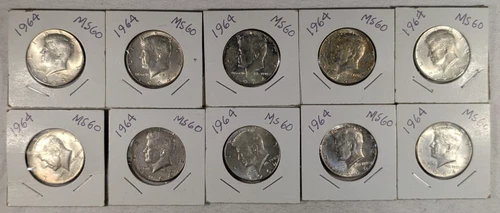 LOT OF 10 UNC 1964 KENNEDY HALF DOLLAR COINS $5 FACE VALUE UNCIRCULATED #84