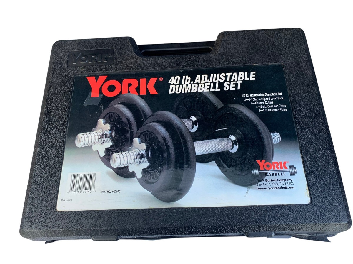 Vtg York 40 Lb Adjustable Barbell Set In Case Iron Dumbbells Vtg York 40 Lb Adjustable Barbell Set In Case Iron Dumbbells