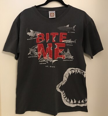 YACHTCLUB St. Kitts Gray Large Mens T-Shirt Embroidered Bite Me Sharks Graphic