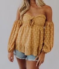 Show Me Your Mumu: Nita Off-the-Shoulder Tie-Front Top - Gold Dot| Sz L    NWT