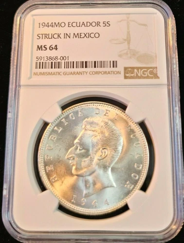 1944 Mo ECUADOR SILVER 5 SUCRES STRUCK IN MEXICO NGC MS 64 BRIGHT BU STUNNER