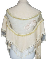 Ladies Open Shawl Wrap Light Beige One Size Lace Knit Floral Party Soiree Attire