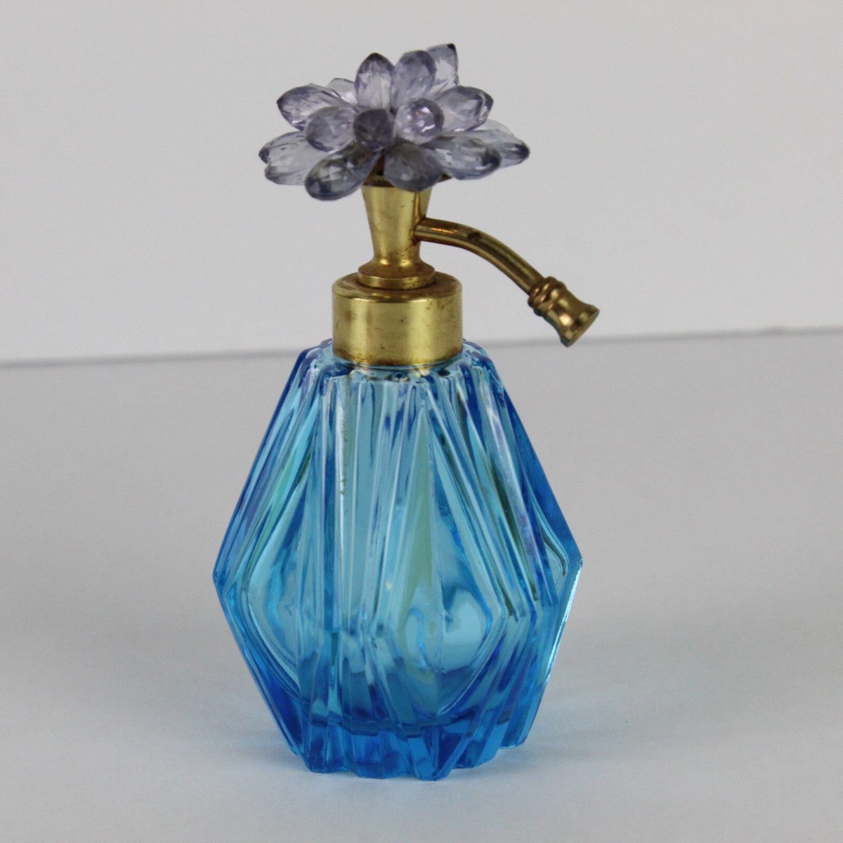 Vintage Perfume Bottle Atomizer Blue Glass Beaded Brass Top
