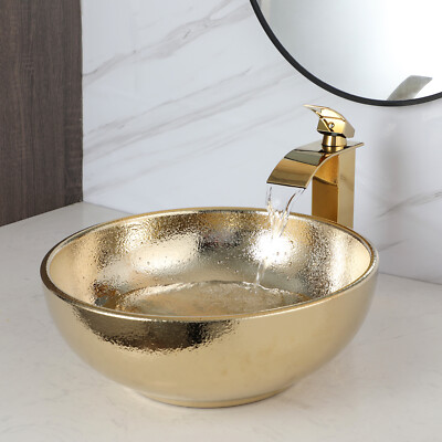 Bathroom Gold Ceramic Vessel Sink 16'' Round Basin Bowl Combos Faucet & Drain Set