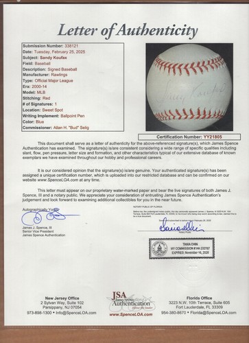 SANDY KOUFAX HOF Signed Autograph Auto MLB Baseball Dodgers SWEET SPOT JSA 💎LOA - Picture 3 of 9