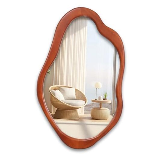 Wavy Mirror, Cloud Mirror, Irregular Wall Mirror with Wood Frame, 24×15 Walnut