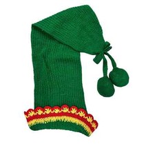VTG RETRO 1950s Hand Knit Stocking cap Long Green/Red wool Knit with Pom Poms