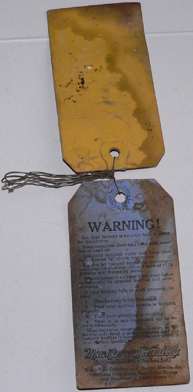 tags, set of 2 paper/wire vintage collectible Montgomery Ward automotive battery