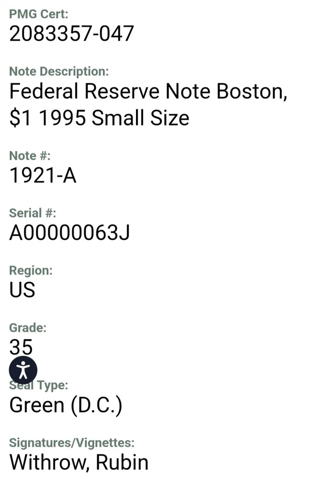 Low Trinary Tow Digit Fancy Serial Number $1 FRN Boston Six In Row 0s PMG 35  - Image 4 of 4