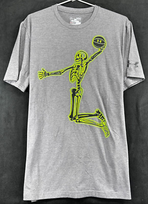 Under Armour Mens Active T-Shirt Gray Heathered Skeleton HeatGear SZ Med. Loose