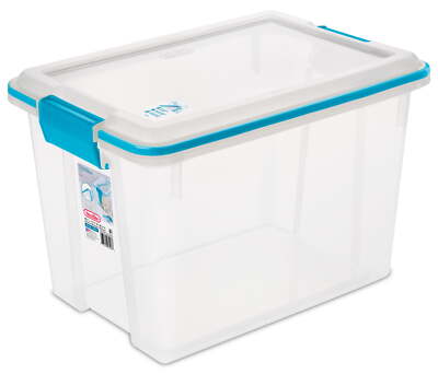 Sterilite 20 Qt. Clear Gasket Storage Box, Blue Latches with Clear Lid.