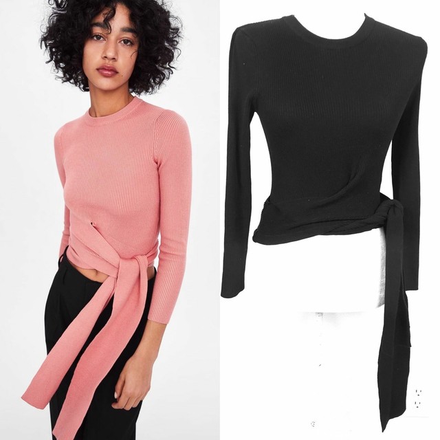 Zara Ribbed Tie Front Long Sleeve Black Top Medium | eBay