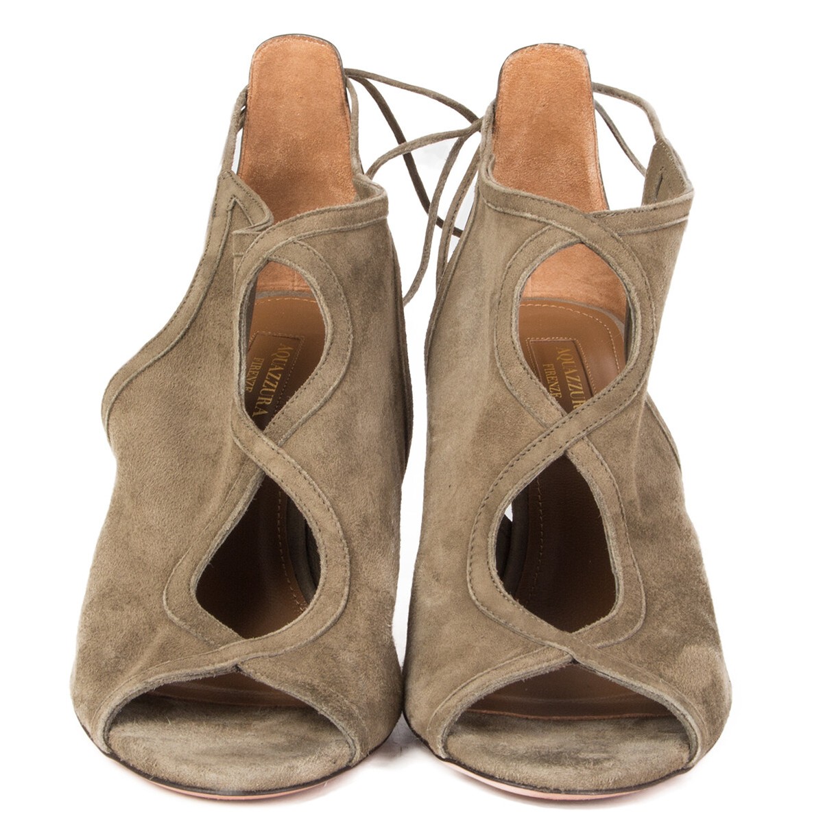 る〜か　ブラウン 60605 auth AQUAZZURA olive green suede CUT-OUT OPEN TOE Sandals