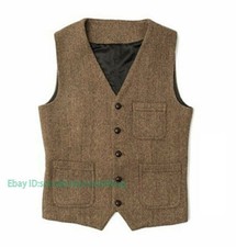 Vintage Herringbone British Men's Wool Blazer Vest Slim Fit Sleeveless Waistcoat