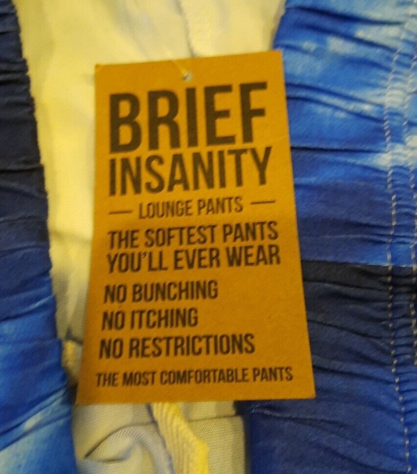 Brief Insanity Unisex Size L Lounge Pants Blue White Tie Dye Elastic Waist  New