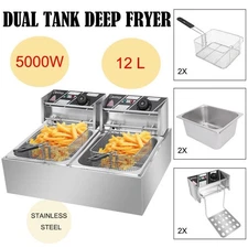 5000W Electric Deep Fryer Dual Tank 12L Home Commercial Restaurant Fry Basket US